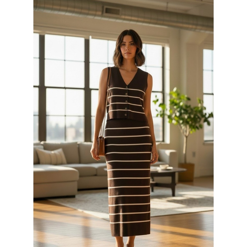 Joie Skirt Set Womens XL Brown White Striped Knit Vest Maxi Skirt Nautical NEW